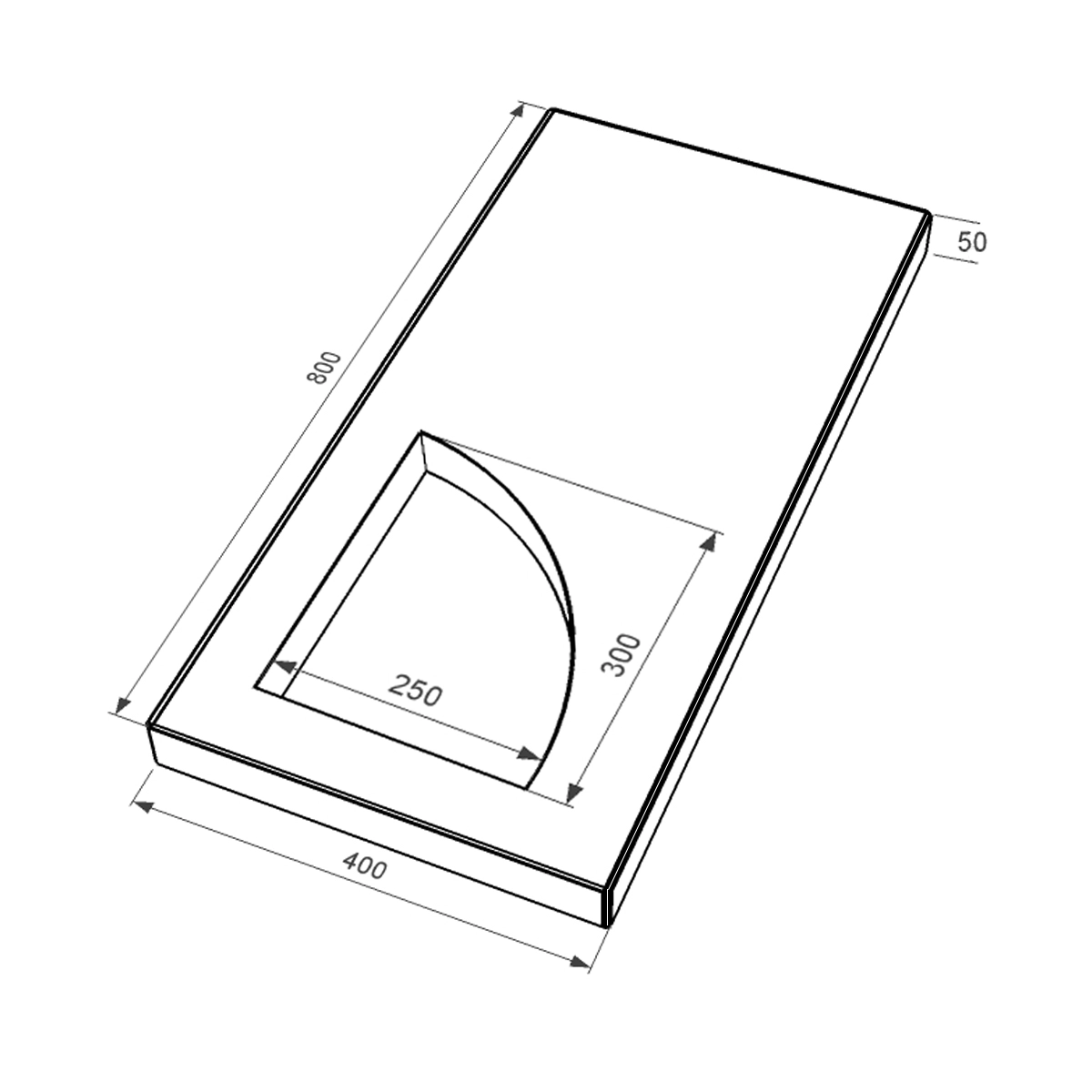 Розміри Надгробна плита ліва 800x400x50 з граніту плита Куточок з полірованими фасками з полірованими торцями Букинського кар'єру pl-buk-pf-pt-80-40-05-KUT-l