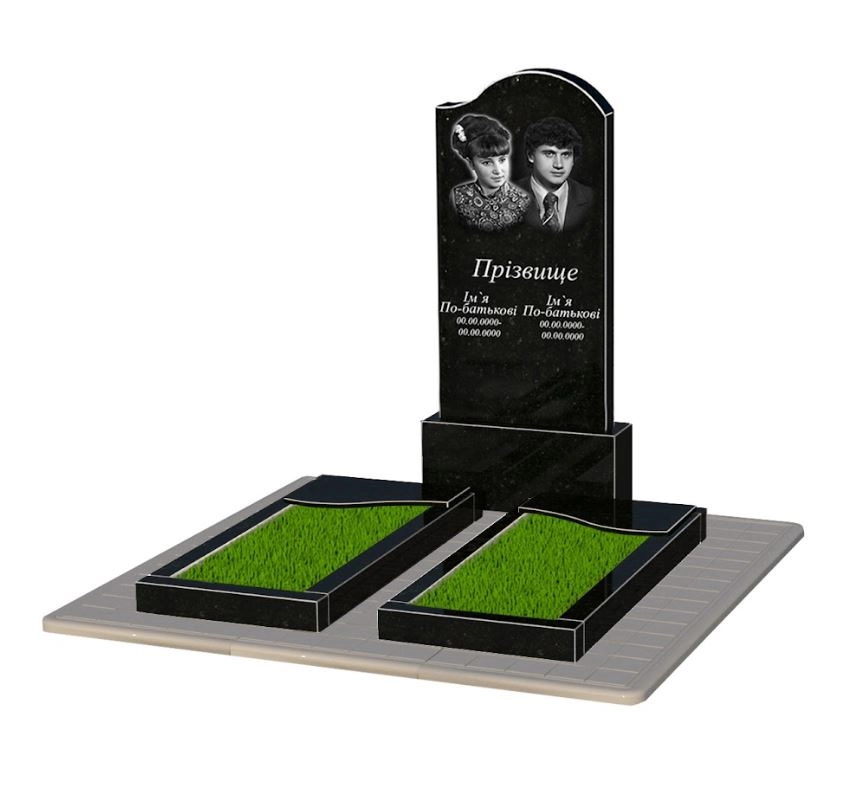 Основне Гранітний пам'ятник із неполірованими фасками подвійний із чорного граніту Коростишів з хвилею різьблений к16-kor-npf-120-60-08-011-r-pbd3