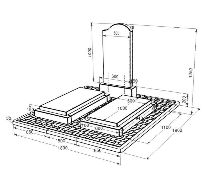 Розміри Гранітний пам'ятник з 2 надгробками подвійний із чорного граніту Коростишів з хвилею різьблений к21-kor-npf-100-50-08-011-r-pbd2