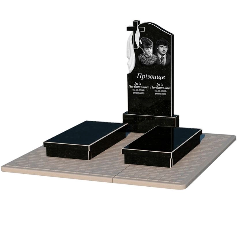 Основне Гранітний пам'ятник для родини подвійний із чорного граніту Коростишів з хрестом різьблений з плащаницею різьблений к19-kor-npf-100-50-08-142-pbd2