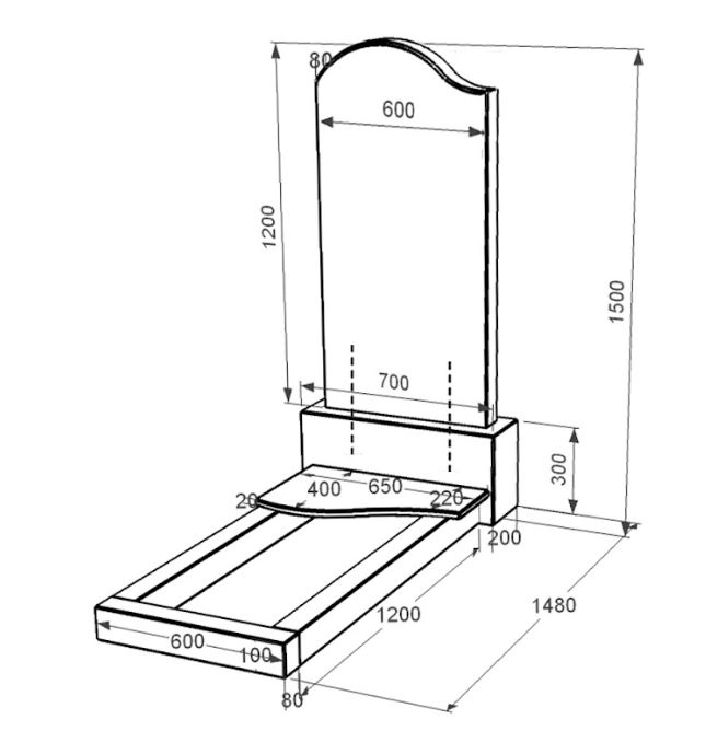 Розміри Надгробок із граніту батькові одинарний із чорного граніту Коростишів з хвилею різьблений к3-kor-pf-120-60-08-011-l