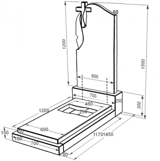 Розміри Пам'ятник із граніту з вирізаним прапором одинарний із чорного граніту Коростишів к6-kor-npf-120-60-08-142