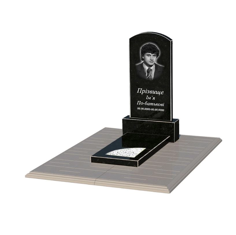 Основне Пам'ятник із граніту з протиусадковою плитою одинарний із чорного граніту Коростишів з вирізаним куточком к9-kor-npf-80-40-05-009-pbd1