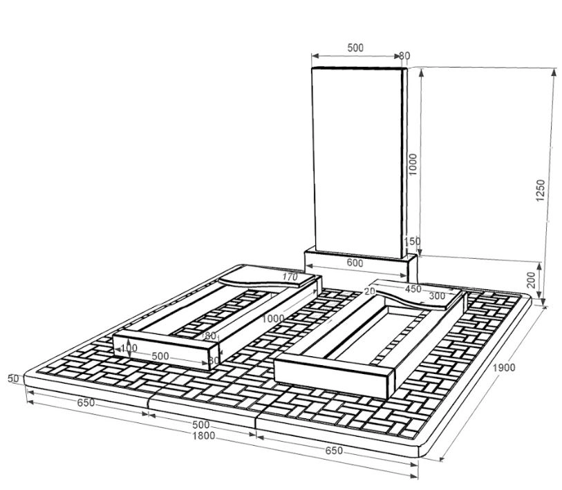 Розміри Гранітний пам'ятник прямокутний подвійний із чорного граніту Коростишів з хвилею різьблений к16-kor-pf-100-50-08-001-pbd2