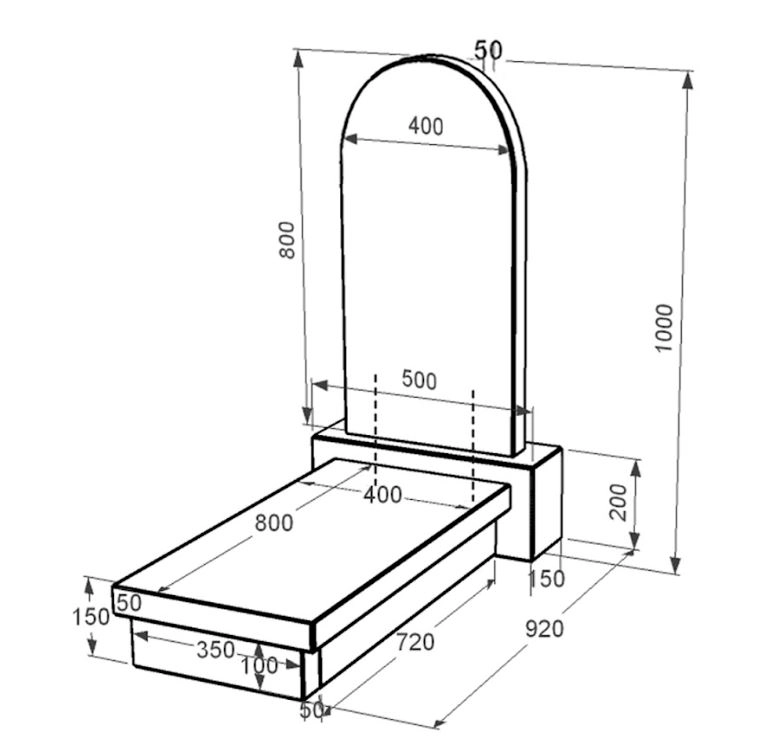 Размеры Гранитный памятник с полукруглой стелой одинарный из черного гранита Коростышев к10-kor-npf-80-40-05-006
