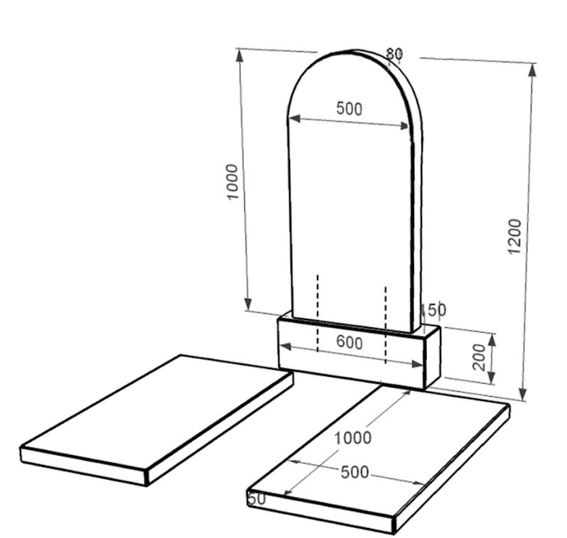 Розміри Гранітний пам'ятник на кладовище з полукруглою стелою подвійний із чорного граніту Коростишів к17-kor-npf-100-50-08-006
