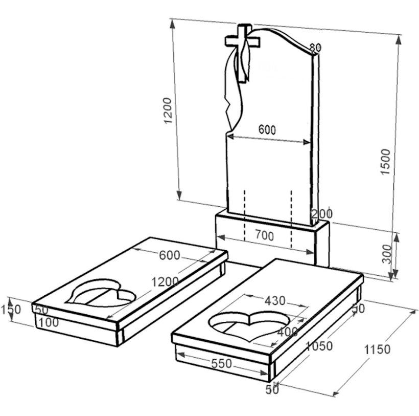 Розміри Пам'ятник із граніту на кладовище подвійний із чорного граніту Коростишів з серцем різьблена робота к20-kor-pf-120-60-08-142