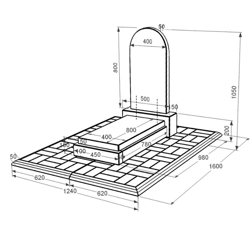 Розміри Надгробний пам'ятник із граніту маленький одинарний із чорного граніту Коростишів з полукруглою стелою к12-kor-npf-80-40-05-006-pbd1