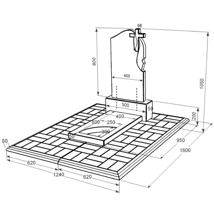 Размеры Надгробие из гранита с вырезанным уголком одинарное из черного гранита Коростышев к9-kor-npf-80-40-05-142-r-pbd1