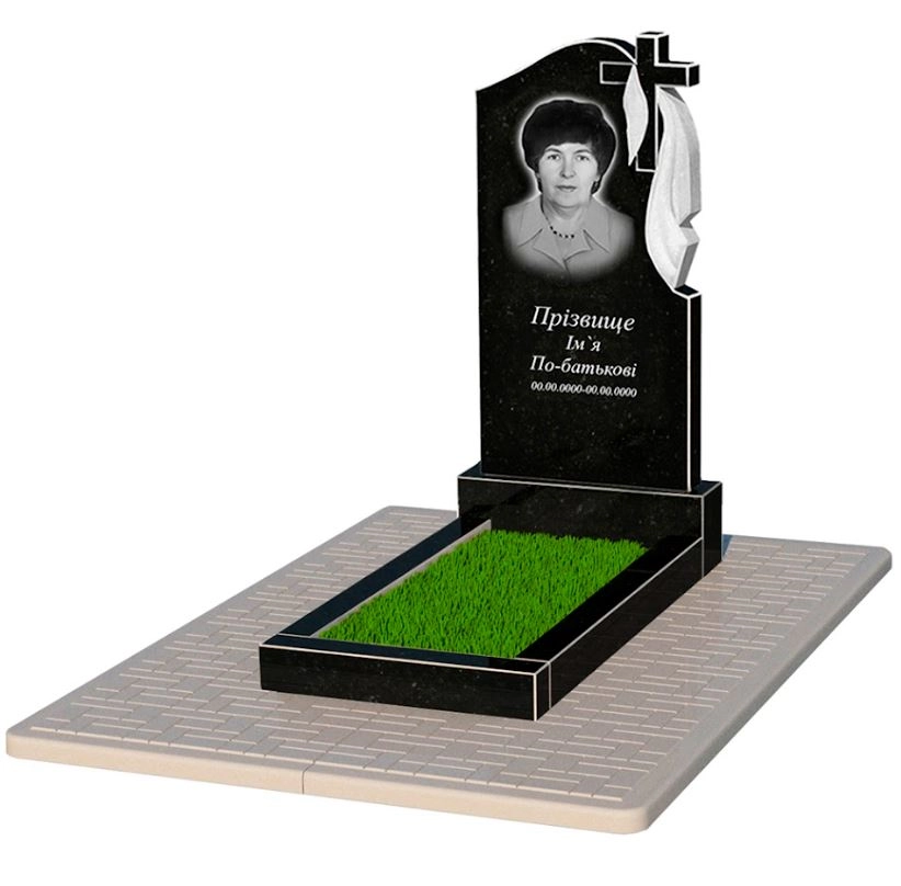 Основне Гранітний пам'ятник чорного кольору одинарний із чорного граніту Коростишів з хрестом та плащаницею різьблений к2-kor-npf-100-50-08-142-r-pbd2
