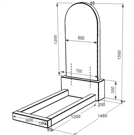 Розміри Гранітний пам'ятник чорного кольору одинарний із чорного граніту Коростишів з полукруглою стелою к1-kor-pf-120-60-08-006