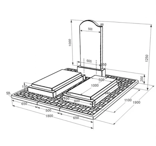 Размеры Плита на могилу из гранита с формой волны двойной из черного гранита Коростышев к21-kor-npf-100-50-08-011-l-pbd2