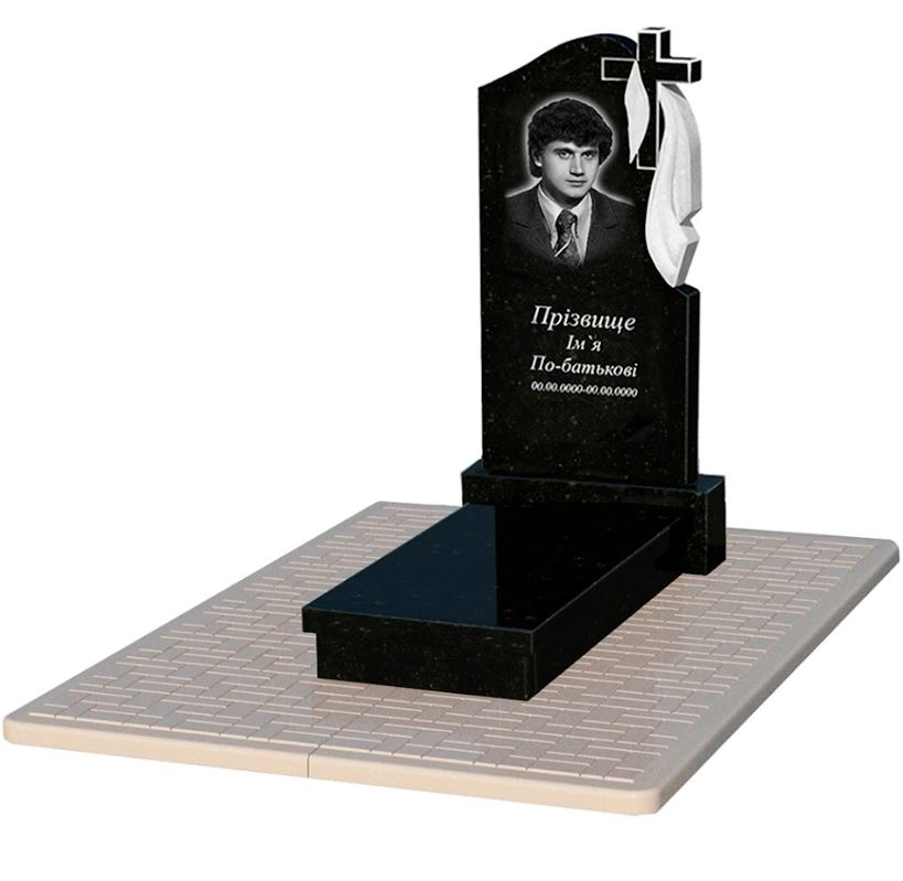 Основне Гранітний надгробок поліровані фаски одинарний із чорного граніту Коростишів з хрестом та плащаницею різьблений к10-kor-pf-100-50-08-142-r-pbd2