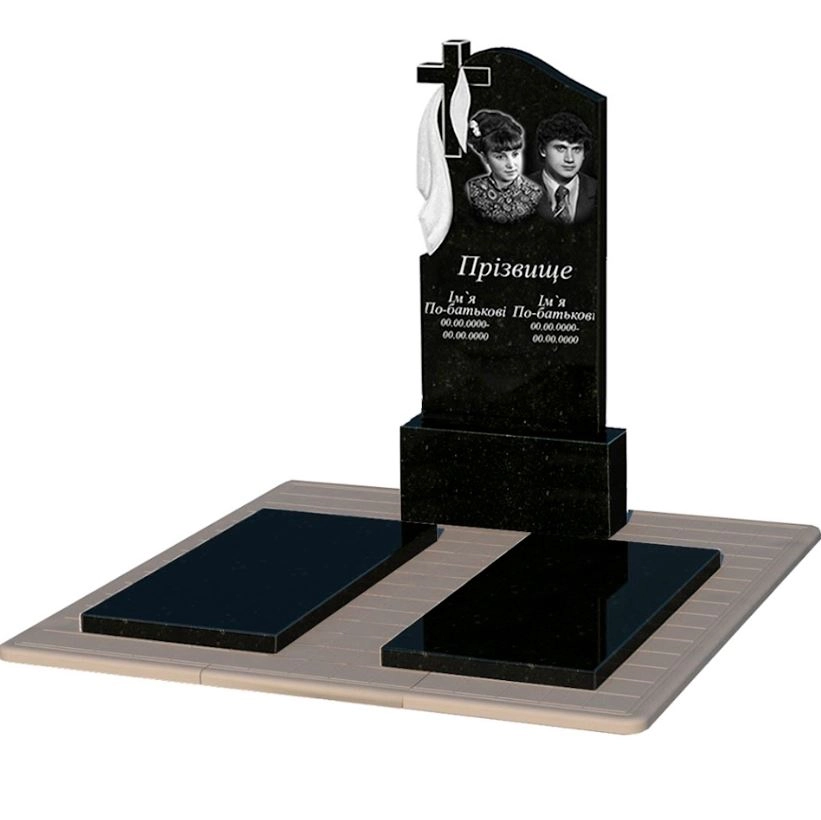 Основне Пам'ятник із граніту чорного кольору подвійний із граніту Коростишів з хрестом та плащаницею різьблений к17-kor-pf-120-60-08-142-pbd3