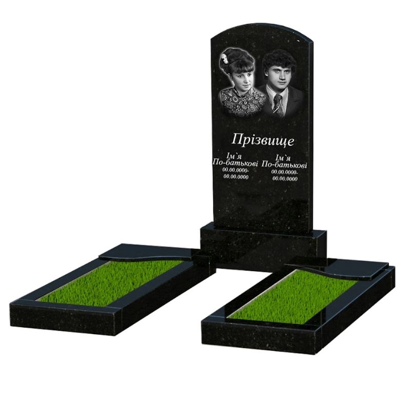Основне Гранітний пам'ятник на кладовище з полірованими фасками подвійний із чорного граніту Коростишів з хвилею різьблений к16-kor-pf-100-50-08-009