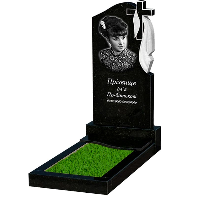 Основне Надгробний пам'ятник із граніту висотою 120 см одинарний із чорного граніту Коростишів з хвилею різьблений к5-kor-pf-100-50-08-142-r