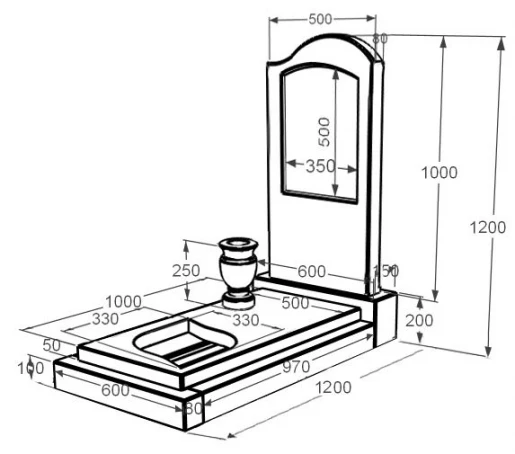 Розміри Пам'ятник із мармуру з одним надгробком з білого мармуру Волокас з вирізаним куточком к24-vol-pf-100-50-08-011-r