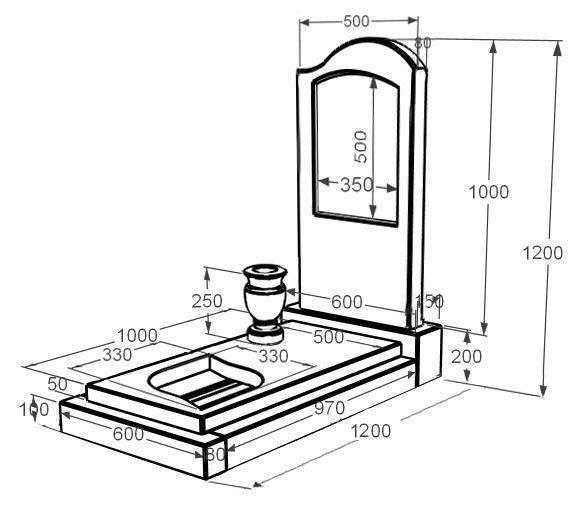 Розміри Пам'ятник із мармуру з одним надгробком з білого мармуру Волокас з вирізаним куточком к24-vol-pf-100-50-08-011-r