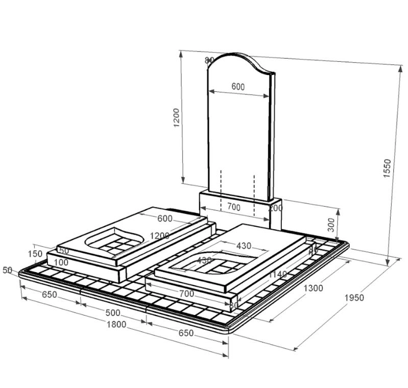 Розміри Гранітний надгробок з протиусадковою плитою подвійний із чорного граніту Коростишів з листом різьблена робота к22-kor-pf-120-60-08-011-l-pbd3