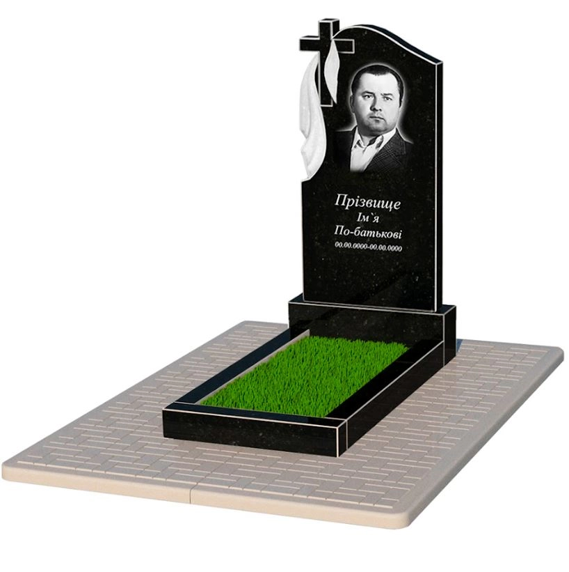 Основне Гранітна плита на могилу батькові одинарний із чорного граніту Коростишів з хрестом різьблений з плащаницею різьблений к2-kor-npf-100-50-08-142-pbd2