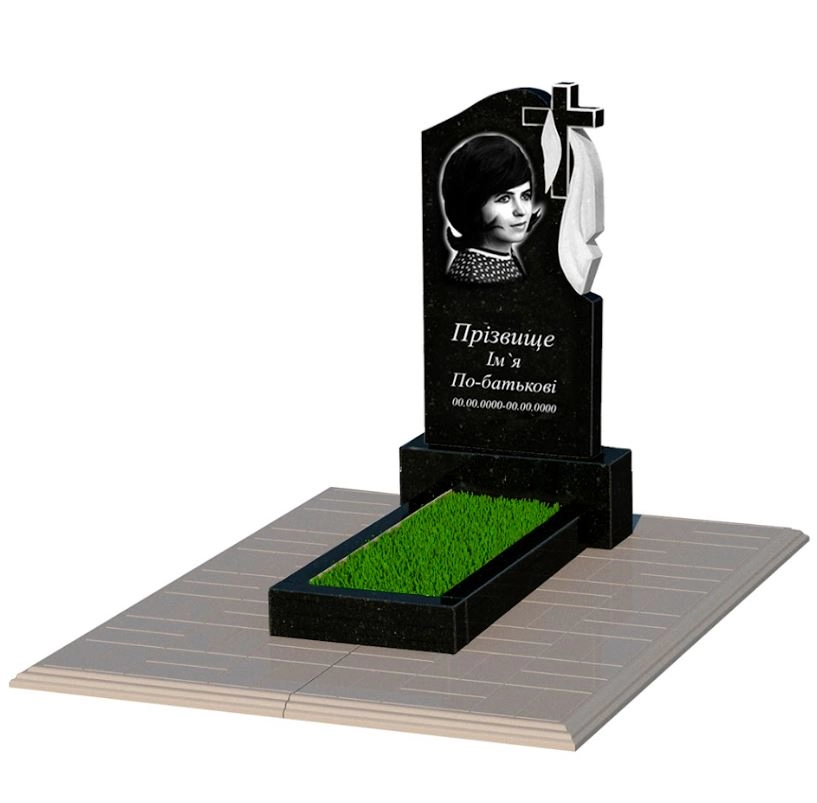Основне Гранітний пам'ятник низький одинарний із чорного граніту Коростишів з хрестом та плащаницею різьблений к1-kor-pf-80-40-05-142-r-pbd1