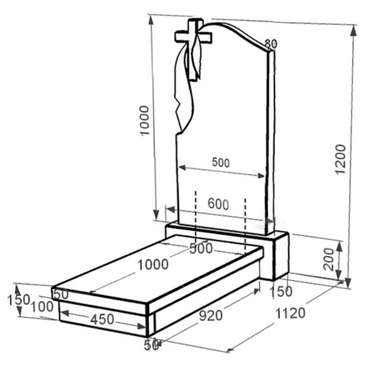 Розміри Пам'ятник із граніту висотою 120 см одинарний із чорного граніту Коростишів з хрестом різьблений з плащаницею різьблений к10-kor-npf-100-50-08-142
