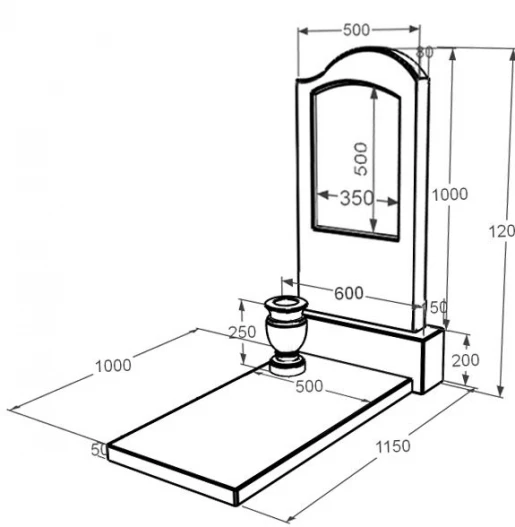 Розміри Мармуровий пам'ятник з надгробною плитою одинарний з білого мармуру Волокас з хвилею різьблений к7-vol-pf-100-50-08-011-r