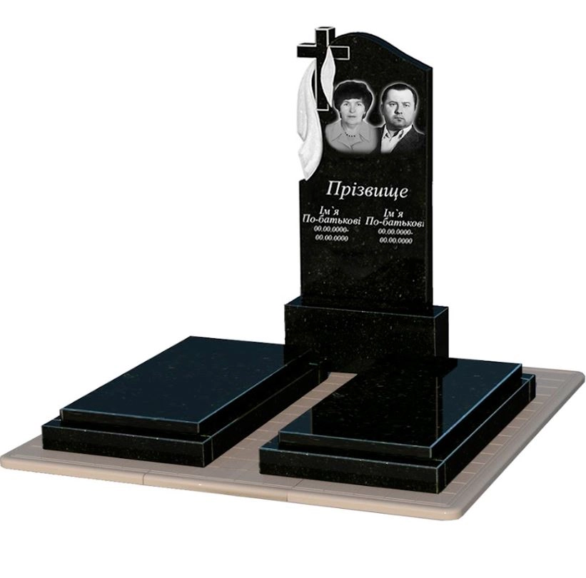 Основне Гранітний пам'ятник габро подвійний із чорного граніту Коростишів з хрестом та плащаницею різьблений к21-kor-pf-120-60-08-142-pbd3