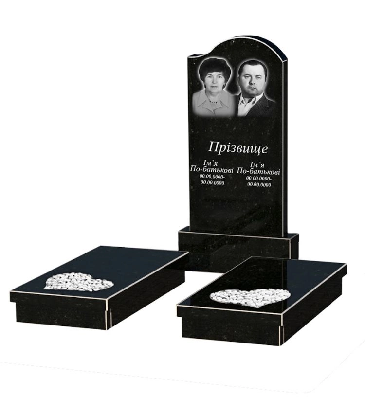 Основне Гранітний камінь на могилу з декоруванням білою галькою подвійний із чорного граніту Коростишів з хвилею різьблений к20-kor-npf-100-50-08-011-r