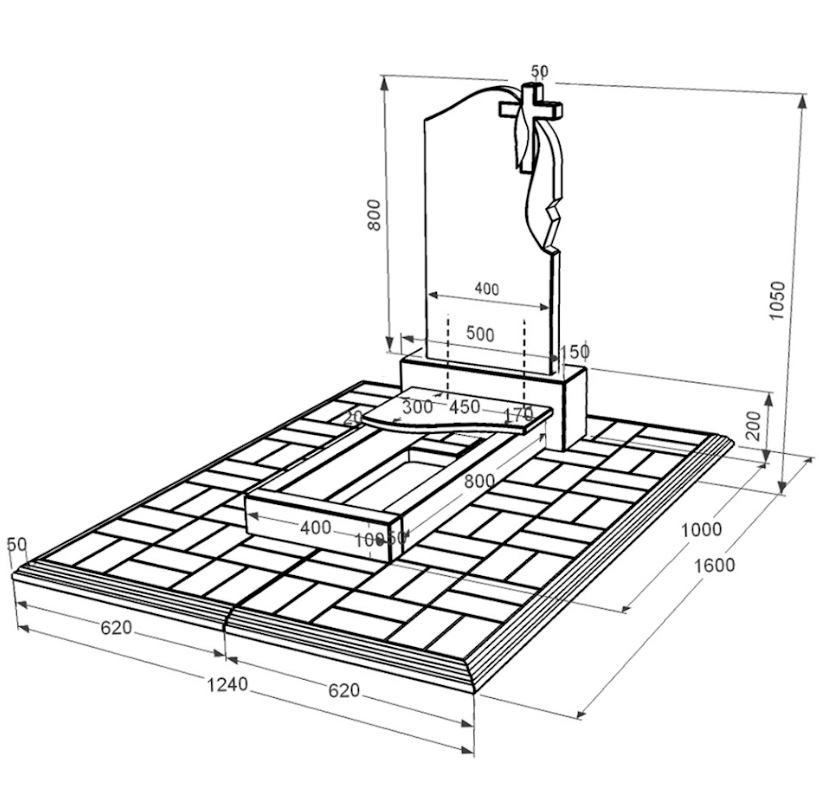 Розміри Гранітний пам'ятник на кладовище із неполірованими фасками одинарний із чорного граніту Коростишів з хвилею різьблений к3-kor-npf-80-40-05-142-r-pbd1