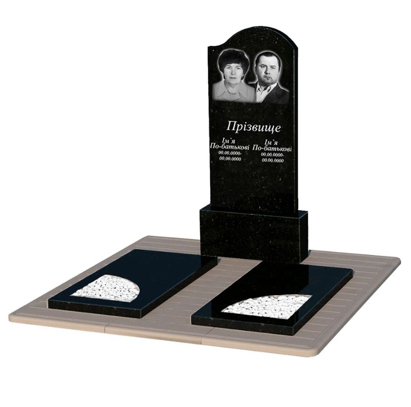 Основное Гранитный памятник с надгробной плитой двойной из черного гранита Коростышев с вырезанным уголком к18-kor-pf-120-60-08-011-r-pbd3