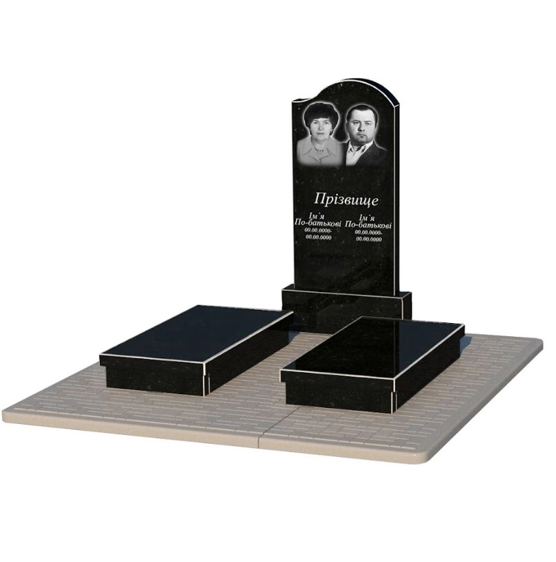 Основне Надгробок із граніту із неполірованими фасками подвійний із чорного граніту Коростишів з хвилею різьблений к19-kor-npf-100-50-08-011-r-pbd2