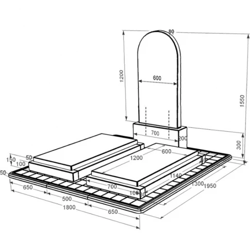 Розміри Пам'ятник із граніту високий подвійний із чорного граніту Коростишів з полукруглою стелою к21-kor-pf-120-60-08-006-pbd3