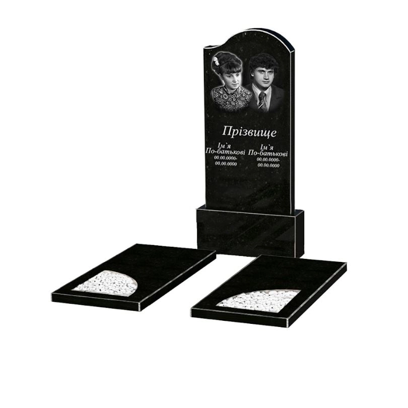 Основне Пам'ятник на цвинтар з граніту сімейний подвійний із чорного граніту Коростишів з хвилею різьблений к18-kor-npf-120-60-08-011-r