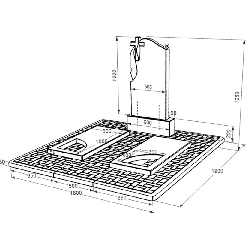 Розміри Гранітний пам'ятник з вирізаним куточком подвійний із чорного граніту Коростишів к18-kor-npf-100-50-08-142-pbd2