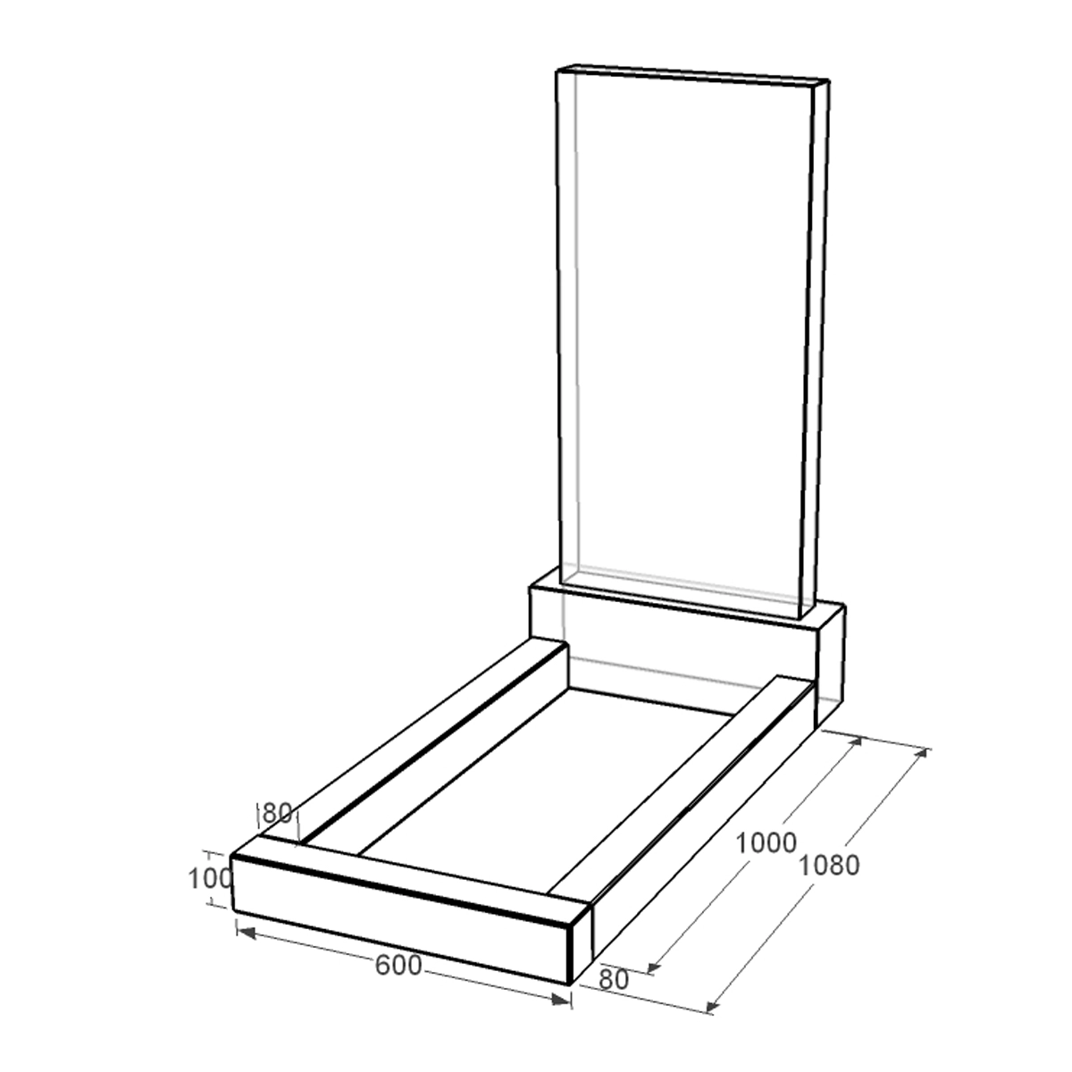 Розміри Квітник на пам'ятник Коростишівського кар'єру 1080x600x100 з граніту серія Базіс із неполірованими фасками cv-kor-npf-1080-600