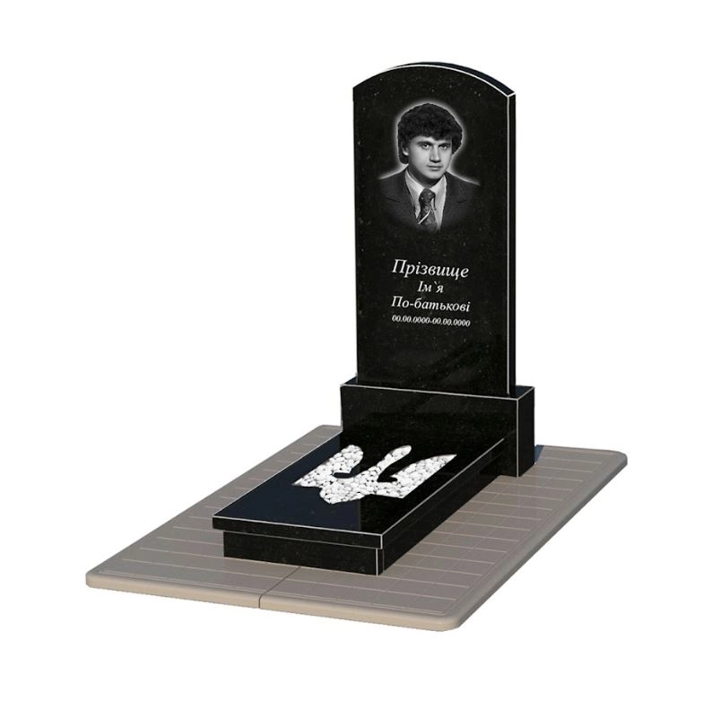 Основне Надгробний пам'ятник із граніту юнакам одинарний з Тризубом вирізаним із чорного граніту Коростишів Дуга 009 к8-kor-npf-120-60-08-009-pbd3