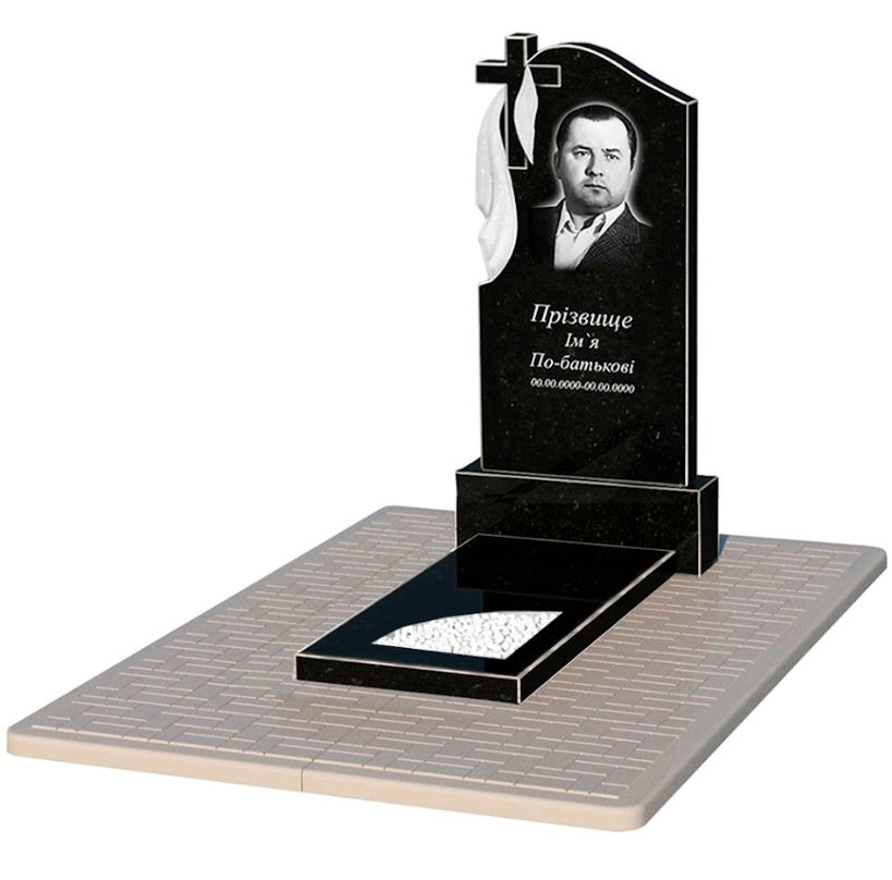 Основное Гранитный памятник с вырезанным уголком одинарный из черного гранита Коростышев к9-kor-npf-100-50-08-142-pbd2