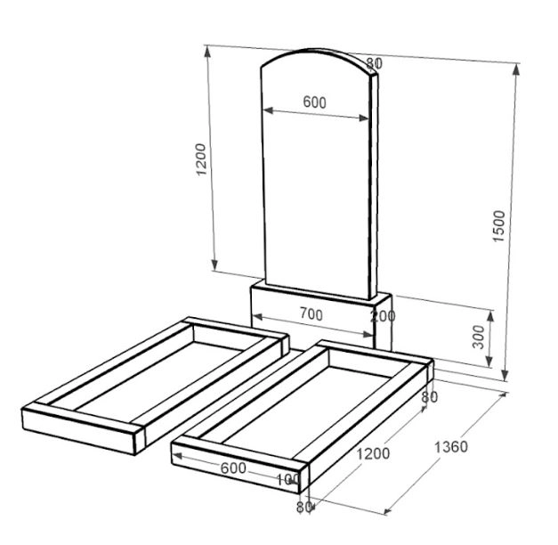 Розміри Гранітний пам'ятник на кладовище з квітником подвійний із чорного граніту Коростишів з дугою різьблений к14-kor-npf-120-60-08-009