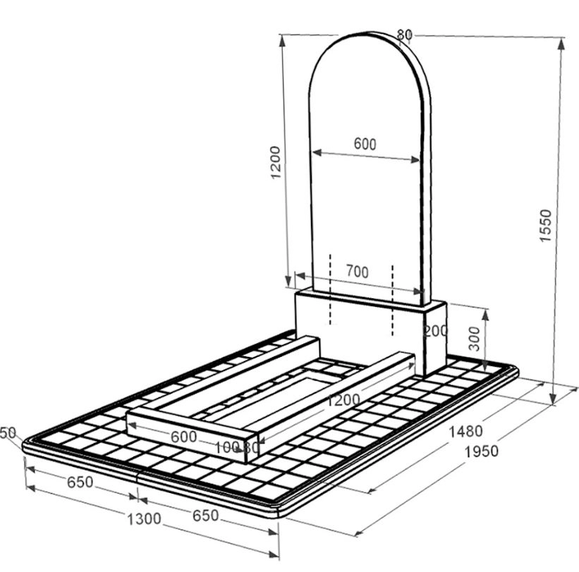 Розміри Гранітний надгробок на кладовище одинарний із чорного граніту Коростишів з полукруглою стелою к1-kor-npf-120-60-08-006-pbd3