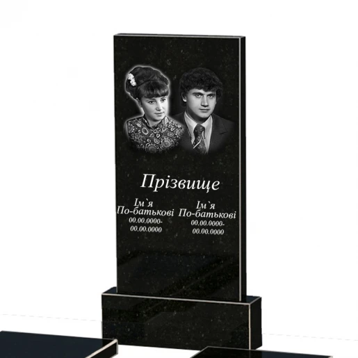Портрет и надписи Двойной гранитный памятник из черного гранита Коростышев с вырезанным уголком к18-kor-npf-100-50-08-001