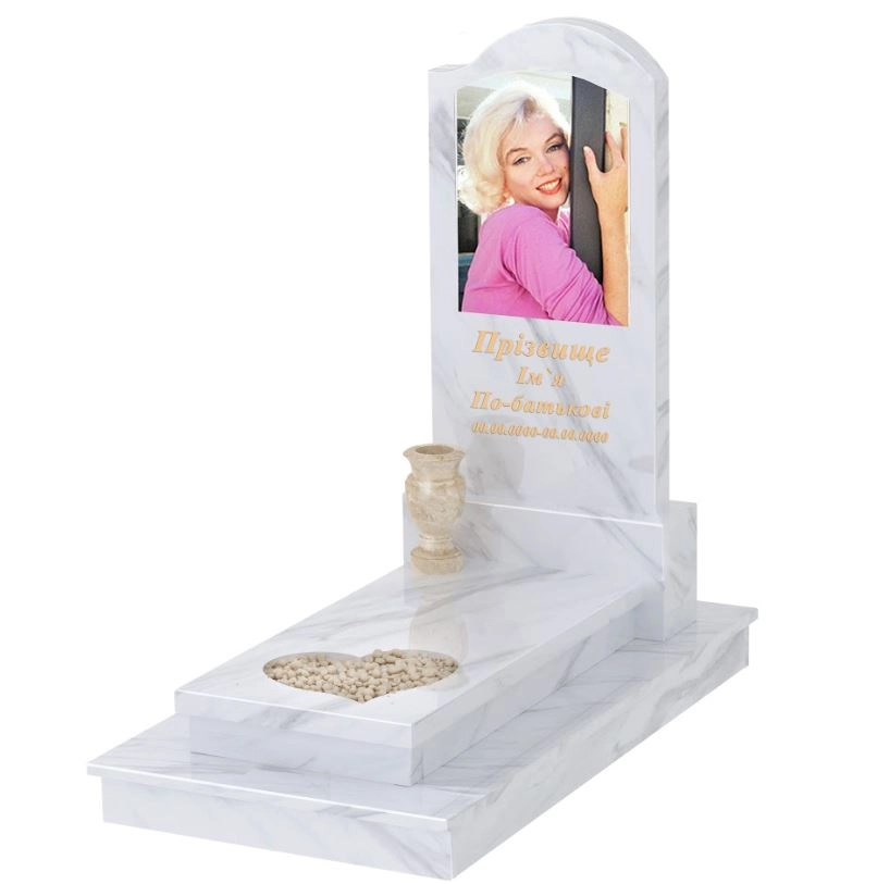 Основне Мармуровий пам'ятник елітний одинарний з білого мармуру Волокас з серцем різьблена робота к11-vol-pf-120-60-08-011-r-ck