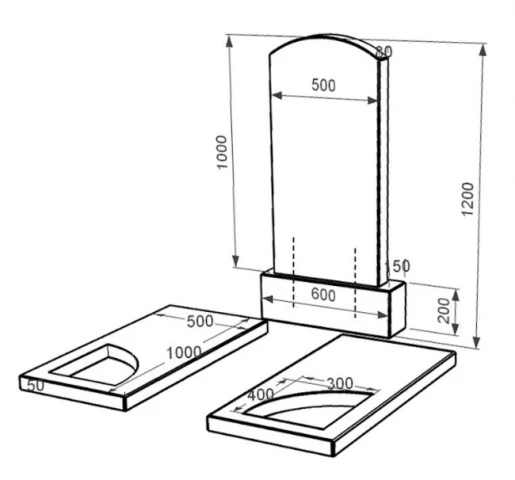 Розміри Гранітний пам'ятник сімейний подвійний із чорного граніту Коростишів з вирізаним куточком к18-kor-pf-100-50-08-009