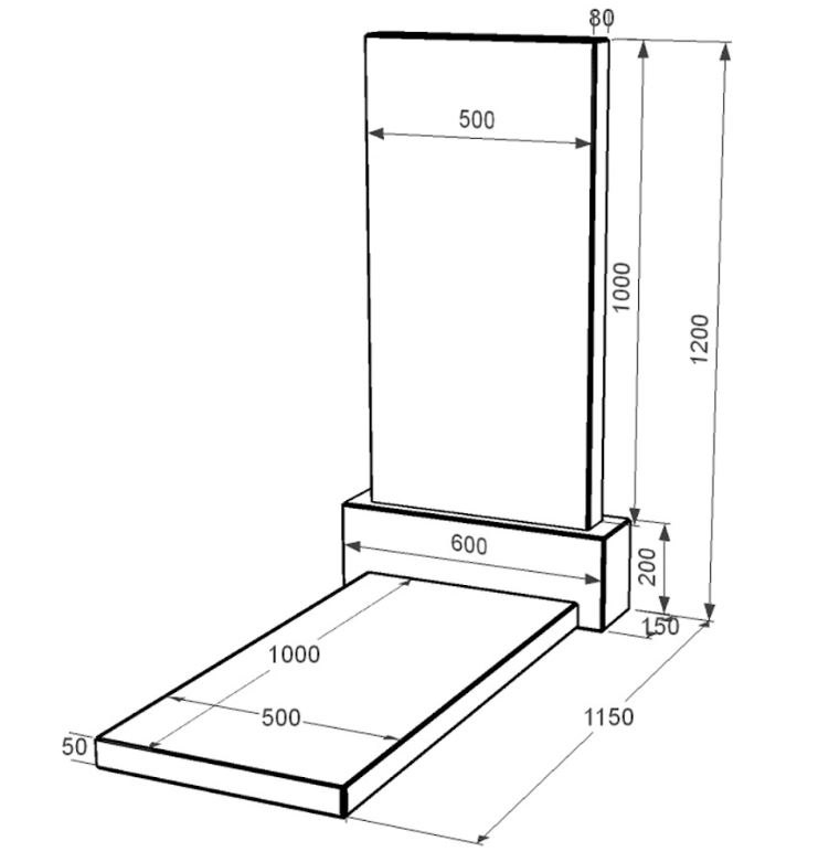 Розміри Пам'ятник із граніту з надгробною плитою одинарний із чорного граніту Коростишів без різьблених робіт к7-kor-pf-100-50-08-001