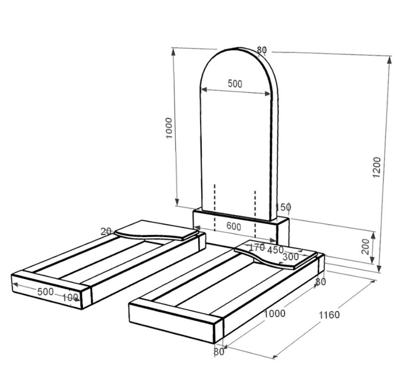 Размеры Памятник из гранита с полированными фасками двойной из черного гранита Коростышев с волной резной к16-kor-pf-100-50-08-006