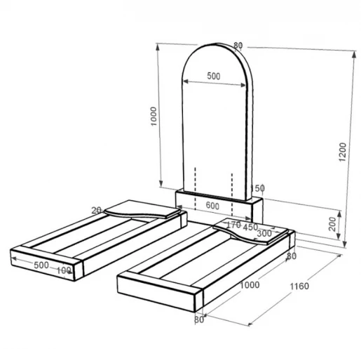 Размеры Памятник из гранита с полированными фасками двойной из черного гранита Коростышев с волной резной к16-kor-pf-100-50-08-006