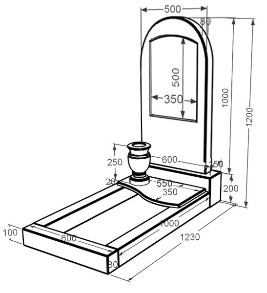 Розміри Мармуровий пам'ятник напівкруглий одинарний з білого мармуру Волокас з полукруглою стелою к5-vol-pf-100-50-08-006