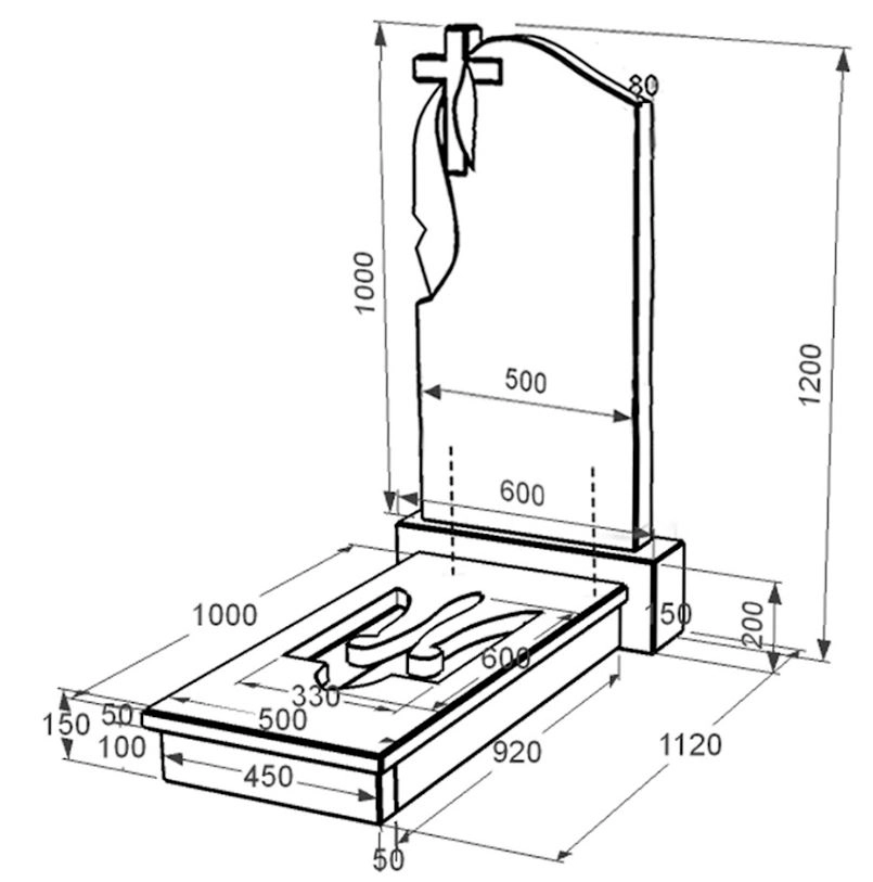 Розміри Гранітний пам'ятник з Тризубом резним одинарний із чорного граніту Коростишів к8-kor-pf-100-50-08-142