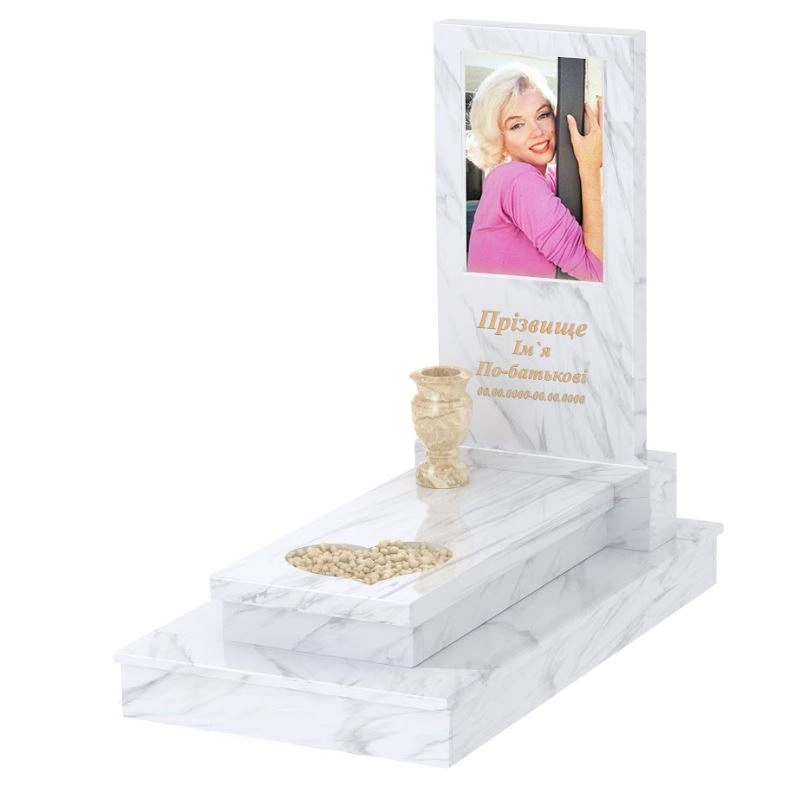 Основне Мармуровий пам'ятник стела 100х50 см одинарний з білого мармуру Волокас з серцем різьблена робота к11-vol-pf-100-50-08-001-ck