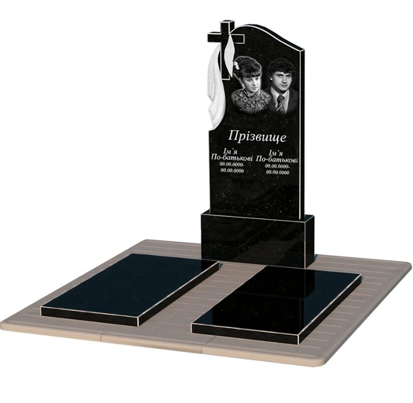 Основне Пам'ятник із граніту стела 120х60 см подвійний із чорного граніту Коростишів з хрестом та плащаницею різьблений к17-kor-npf-120-60-08-142-pbd3